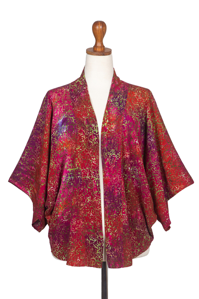 Red Hand-Stamped Batik Rayon Kimono Jacket from Bali - Red Vine | NOVICA