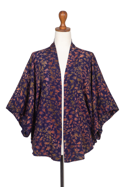 Batik rayon kimono jacket, 'Kintamani Blue' - Blue Hand-Stamped Batik Rayon Kimono Jacket from Bali