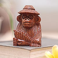Wood statuette, 'Prosperity and Cunning' - Hand-Carved Jempinis Wood Monkey Statuette with Corn