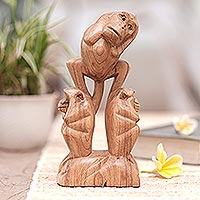 Wood sculpture, 'Monkey Games' - Hand-Carved Jempinis Wood Sculpture of Monkeys Playing