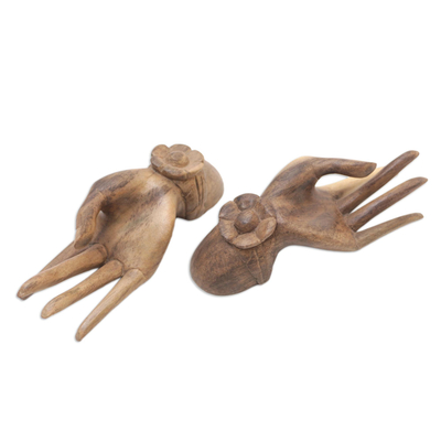 Set of 2 Carved Floral Hibiscus Wood Sculpture of Hands