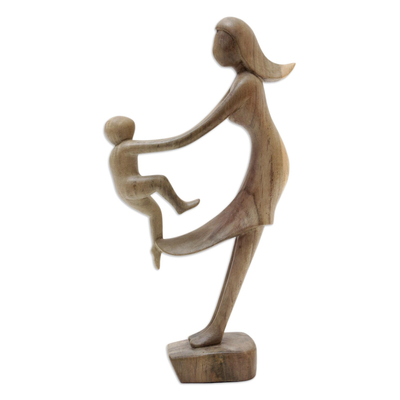 Wood sculpture, 'Mom's Affection' - Hand-Carved Hibiscus Wood Sculpture of Mother and Child