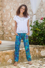 Batik rayon pants, 'New Mandala' - Teal Hand-Stamped and Hand-Dyed Batik Rayon Pants from Bali