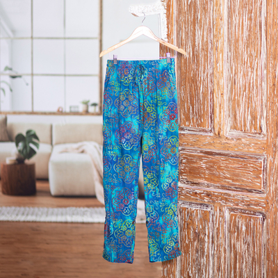 Hose aus Batik-Rayon - Blaugrüne handgestempelte und handgefärbte Batik-Rayonhose aus Bali
