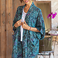 Batik rayon kimono jacket, 'Teal Jungle'