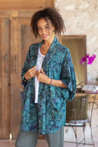 Batik rayon kimono jacket, 'Teal Jungle' - Handcrafted Batik Rayon Kimono Jacket with Leafy Pattern