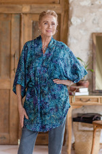 Batik rayon kimono jacket, 'Teal Jungle' - Handcrafted Batik Rayon Kimono Jacket with Leafy Pattern