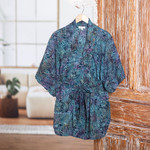 Batik rayon kimono jacket, 'Teal Jungle' - Handcrafted Batik Rayon Kimono Jacket with Leafy Pattern