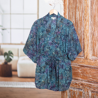 Chaqueta tipo kimono de rayón batik - Chaqueta kimono de rayón batik hecha a mano con estampado de hojas