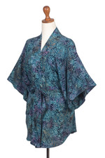 Batik rayon kimono jacket, 'Teal Jungle' - Handcrafted Batik Rayon Kimono Jacket with Leafy Pattern