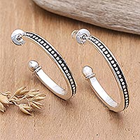 Sterling silver half-hoop earrings, 'Dotted Curves'