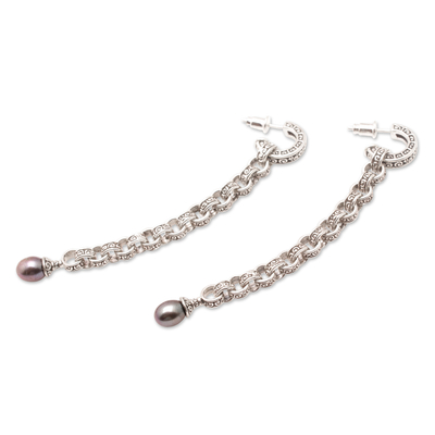 Cultured pearl dangle earrings, 'Buddha Pearls' - Black Cultured Pearl Dangle Earrings with Traditional Motifs