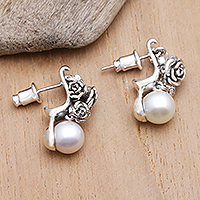 Cultured pearl drop earrings, 'Innocence Roses'