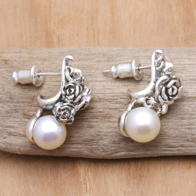 Cultured pearl drop earrings, 'Innocence Roses' - Sterling Silver Floral Drop Earring with Cultured Pearls