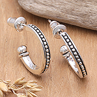 Sterling silver half-hoop earrings, 'Freckled Curves'