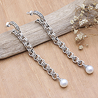 Cultured pearl dangle earrings, 'Buddha Faith Pearls' - White Cultured Pearl Dangle Earrings with Traditional Motifs