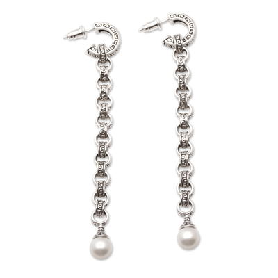 Cultured pearl dangle earrings, 'Buddha Faith Pearls' - White Cultured Pearl Dangle Earrings with Traditional Motifs