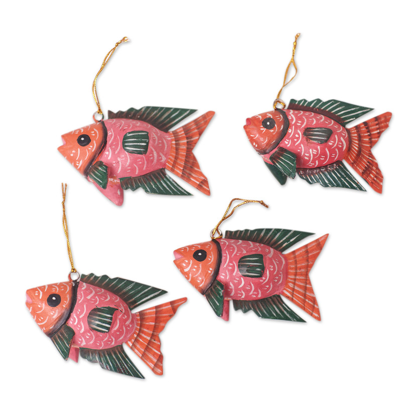 Decoration Cod Fish Set of 4 Crocodile Wood Hand-Painted Fish Ornaments - Vibrant Shoal ...