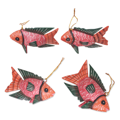 Wood ornaments, 'Vibrant  Shoal' (set of 4) - Set of 4 Crocodile Wood Hand-Painted Fish Ornaments
