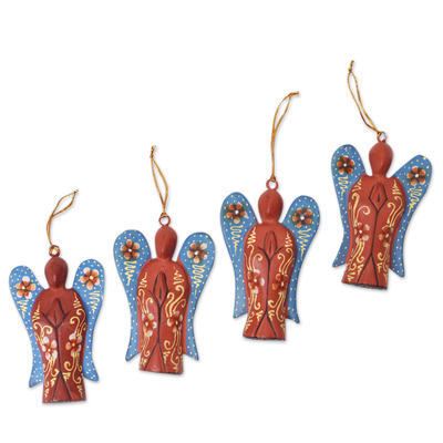 Wood ornaments, 'Festive Heaven' (set of 4) - Set of 4 Crocodile Wood Hand-Painted Angel Ornaments