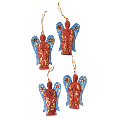 Wood ornaments, 'Festive Heaven' (set of 4) - Set of 4 Crocodile Wood Hand-Painted Angel Ornaments