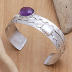 Amethyst and cultured pearl cuff bracelet, 'Chic Woman' - Amethyst & Cultured Biwa Pearl Sterling Silver Cuff Bracelet