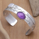Amethyst and cultured pearl cuff bracelet, 'Chic Woman' - Amethyst & Cultured Biwa Pearl Sterling Silver Cuff Bracelet