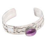 Amethyst and cultured pearl cuff bracelet, 'Chic Woman' - Amethyst & Cultured Biwa Pearl Sterling Silver Cuff Bracelet