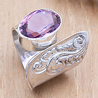 Amethyst cocktail ring, 'Purple Ripple' - Balinese Tatahan Sterling Silver Cocktail Ring with Amethyst