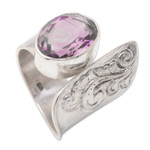 Amethyst cocktail ring, 'Purple Ripple' - Balinese Tatahan Sterling Silver Cocktail Ring with Amethyst