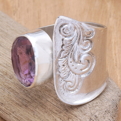 Amethyst cocktail ring, 'Purple Ripple' - Balinese Tatahan Sterling Silver Cocktail Ring with Amethyst