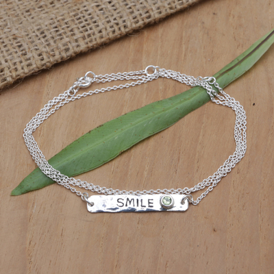 Peridot wrap pendant bracelet, 'Fortune Smile' - Sterling Silver Wrap Pendant Bracelet with Peridot Stone