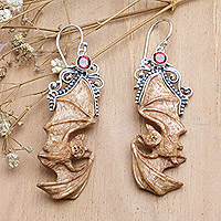 Garnet and bone dangle earrings, 'Brown Bats'