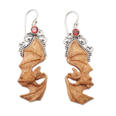 Garnet and bone dangle earrings, 'Brown Bats' - Garnet Sterling Silver and Bone Bat-Themed Dangle Earrings
