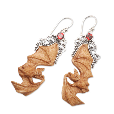 Garnet and bone dangle earrings, 'Brown Bats' - Garnet Sterling Silver and Bone Bat-Themed Dangle Earrings