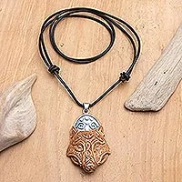 Men's bone pendant necklace, 'Night Wolf' - Men's Bone Leather & Sterling Silver Wolf Pendant Necklace