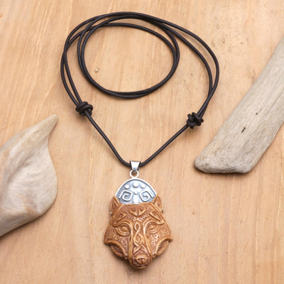Men's bone pendant necklace, 'Night Wolf' - Men's Bone Leather & Sterling Silver Wolf Pendant Necklace
