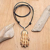 Men's bone pendant necklace, 'Wolf Hand' - Men's Bone Leather 925 Silver Wolf Hand Pendant Necklace
