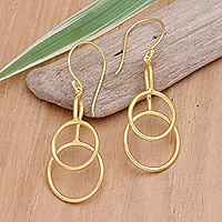 Gold-plated dangle earrings, 'Compassion Rings' - 18k Gold-Plated Abstract Dangle Earrings from Bali