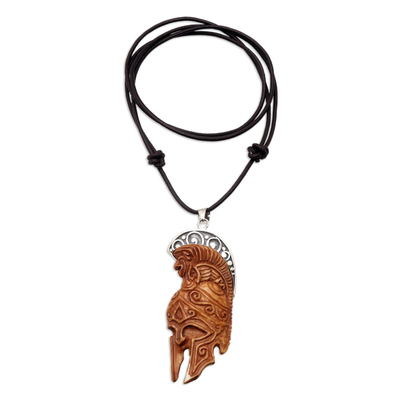 Men's bone pendant necklace, 'Mighty Fighter' - Men's Bone Leather Silver Roman Gladiator Pendant Necklace