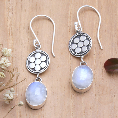 Rainbow moonstone dangle earrings, 'Moon Speckles' - Sterling Silver Dangle Earrings with Rainbow Moonstones