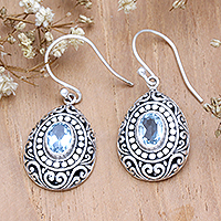 Blue topaz dangle earrings, 'Unforgettable Blue' - Two-Carat Blue Topaz Dangle Earrings with Balinese Motifs