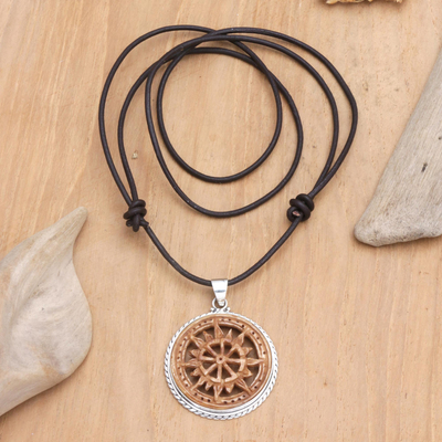 Leather cord pendant necklace, 'Serenity Chakra' - Leather and Sterling Silver Chakra Pendant Necklace