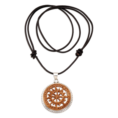 Leather cord pendant necklace, 'Serenity Chakra' - Leather and Sterling Silver Chakra Pendant Necklace