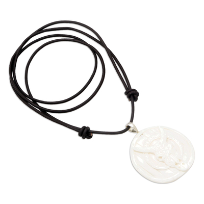 Men's bone pendant necklace, 'Ferocious Bull' - Men's Handcrafted Bone Pendant Necklace with Leather Cord