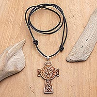 Leather cord pendant necklace, 'Cross of Two Worlds'