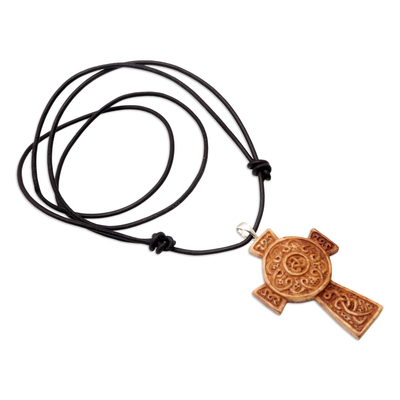 Leather cord pendant necklace, 'Cross of Two Worlds' - Leather Cord Pendant Necklace with Celtic Cross