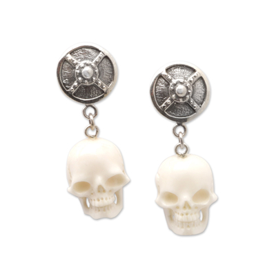 Sterling silver dangle earrings, 'Shield of The Brave' - Sterling Silver Skull Dangle Earrings from Bali