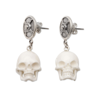 Sterling silver dangle earrings, 'Shield of The Brave' - Sterling Silver Skull Dangle Earrings from Bali