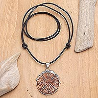 Leather cord pendant necklace, 'Helm of Awe'